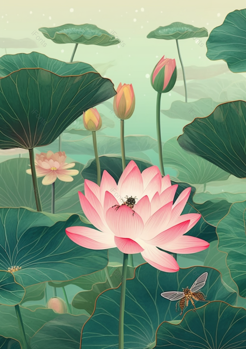 盛开的荷花里有一只蜜蜂正在工作美好舒适植物风景插画壁纸背景,插画/手绘图,插画/手绘图库,插画/手绘图下载,插画/手绘